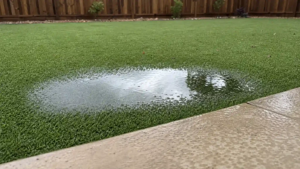 How to Fix Drainage Problems Under Artificial Turf: standing water pooling on green synthetic grass beside a backyard patio edge.