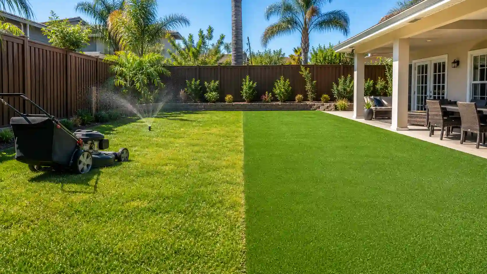 Natural grass vs artificial turf in a backyard, with a lawn mower and sprinkler on the left and a smooth green turf lawn on the right