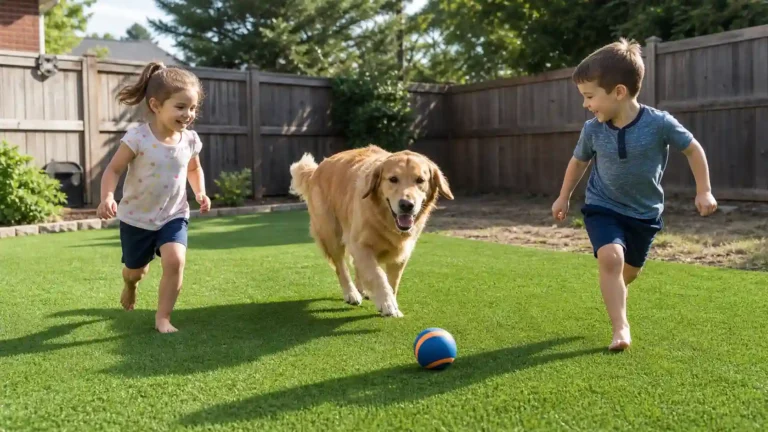 Two children and a golden retriever play ball on artificial turf, showing turf vs grass for pets and kids with no mud in the backyard