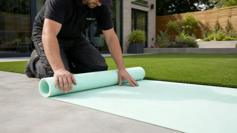 Installer rolling out foam underlay over a concrete patio before laying artificial grass, showing underlay for artificial grass on concrete.