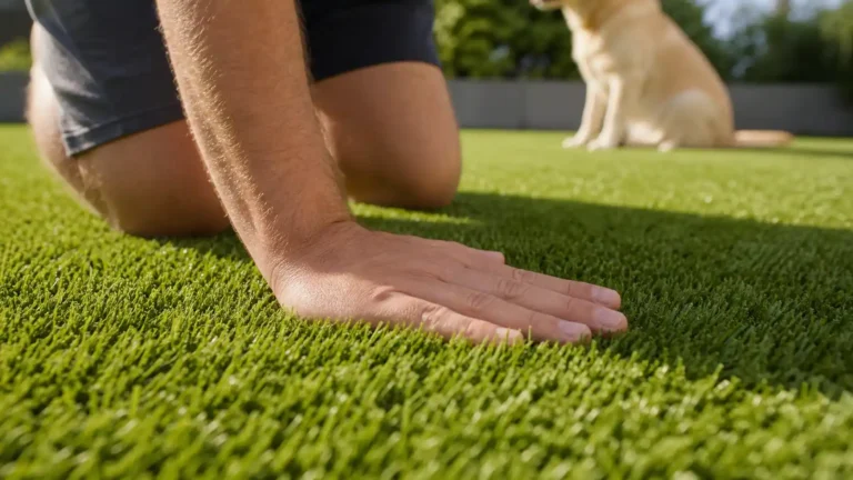 Checking artificial grass temperature for dogs by pressing a hand flat on sunny turf while a golden retriever sits in the background