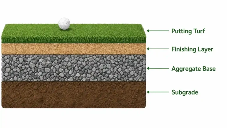 Cross-section of the layers under an artificial putting green: subgrade, aggregate base, finishing layer, and putting turf with a golf ball