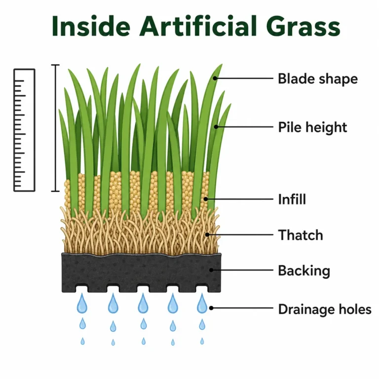 Artificial turf quality diagram showing pile height, blade shape, infill, thatch, backing, and drainage holes in a grass cross-section