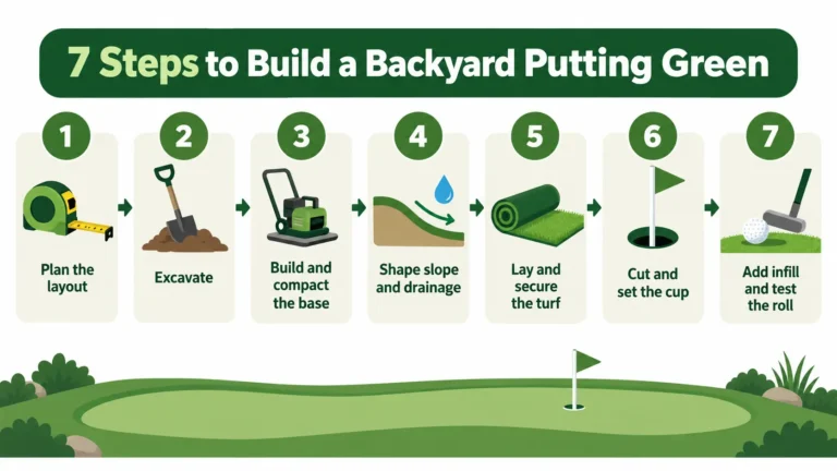 Infographic showing the 7 steps of a diy putting green backyard build, from layout and base to turf, cup, infill and a final roll test.