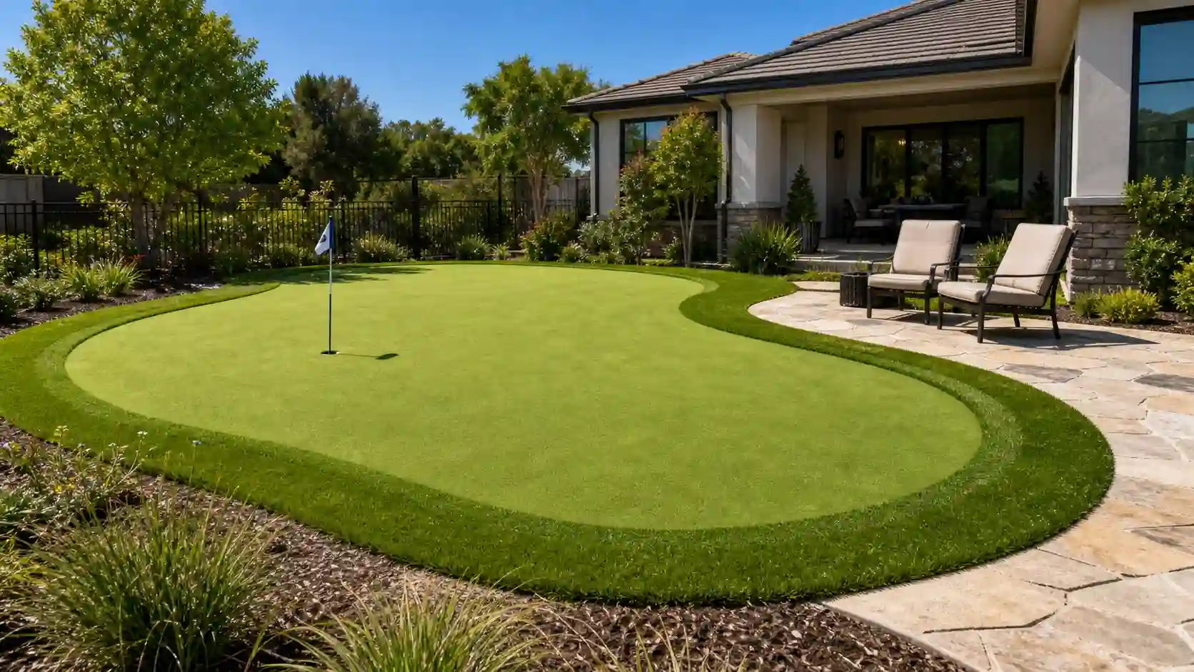 Backyard putting green ideas: a kidney-shaped artificial putting green with a fringe border, one flag and a stone patio with chairs nearby