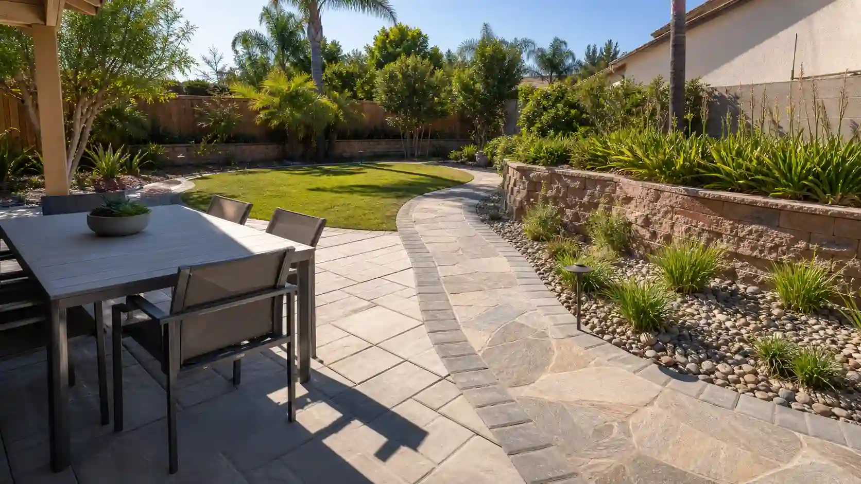 Backyard showing the benefits of hardscaping with a paver patio, curved stone walkway, retaining wall, and decorative rock beside a lawn