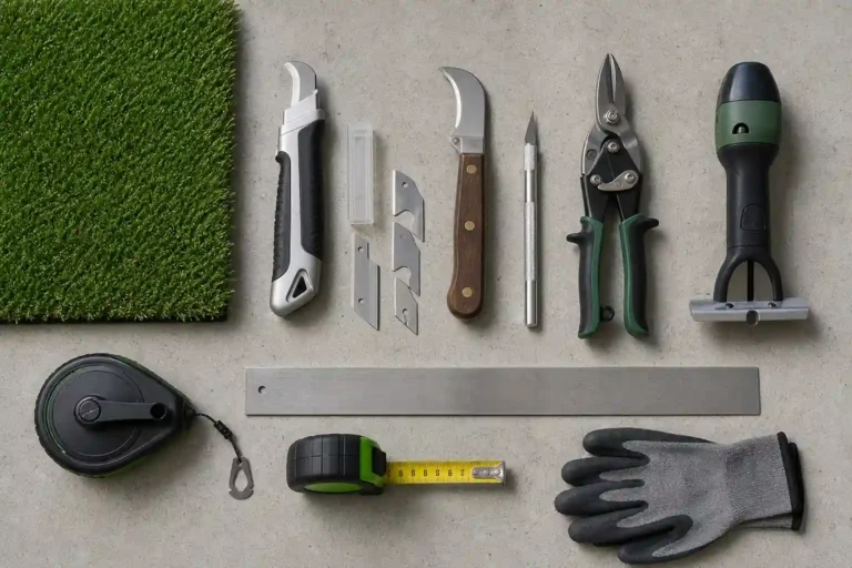 Best tool for cutting artificial turf flat lay: utility knife, spare blades, carpet knife, snips, push cutter, chalk line, straight edge and glove