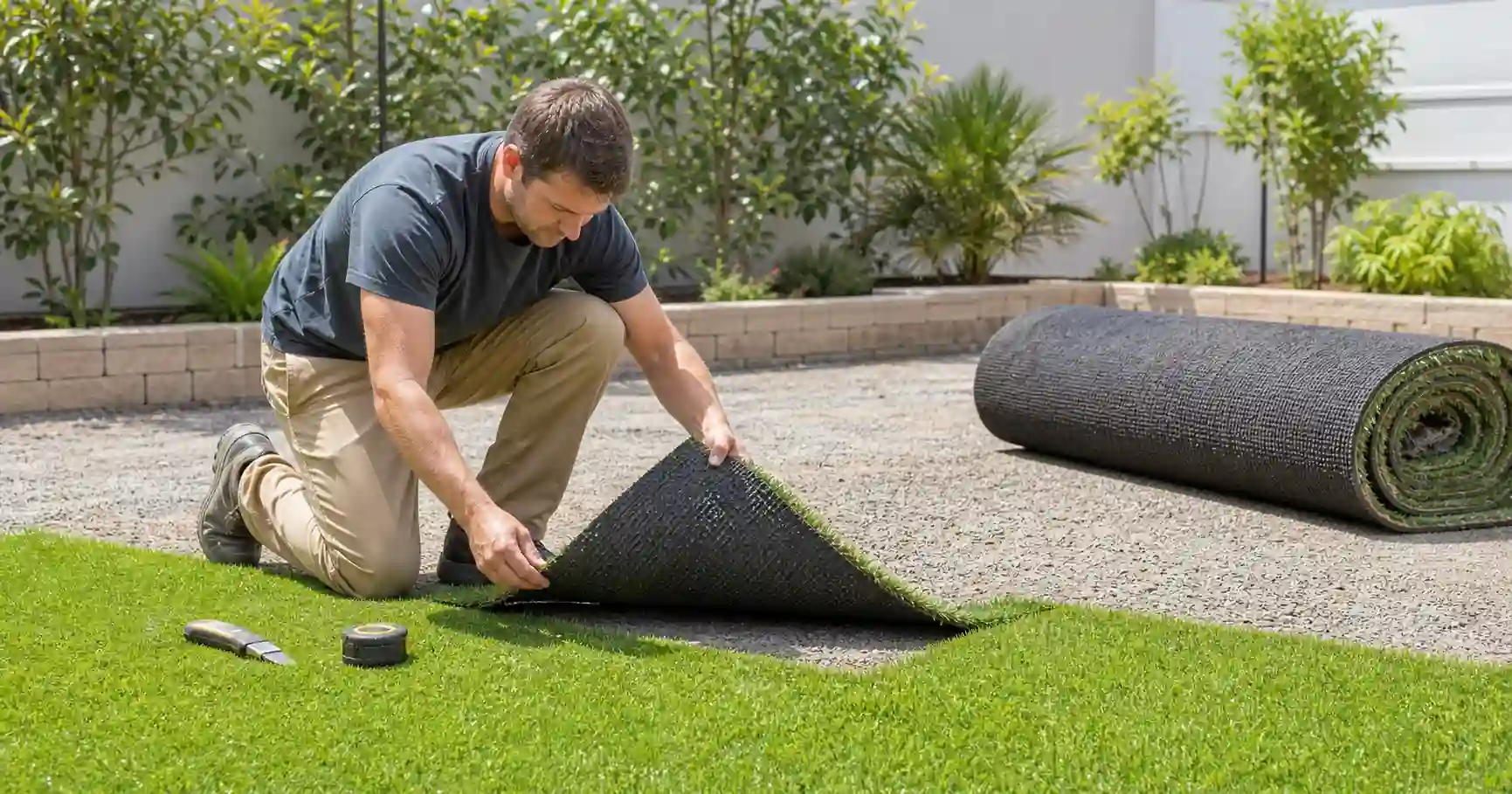 Can you install used artificial turf? A man lifts a corner of used turf to check the backing beside a roll on a gravel base.