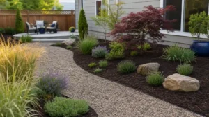 Cheap landscaping hacks with a curved gravel path, mulched garden beds, grouped plants, natural stones, and clean yard edges