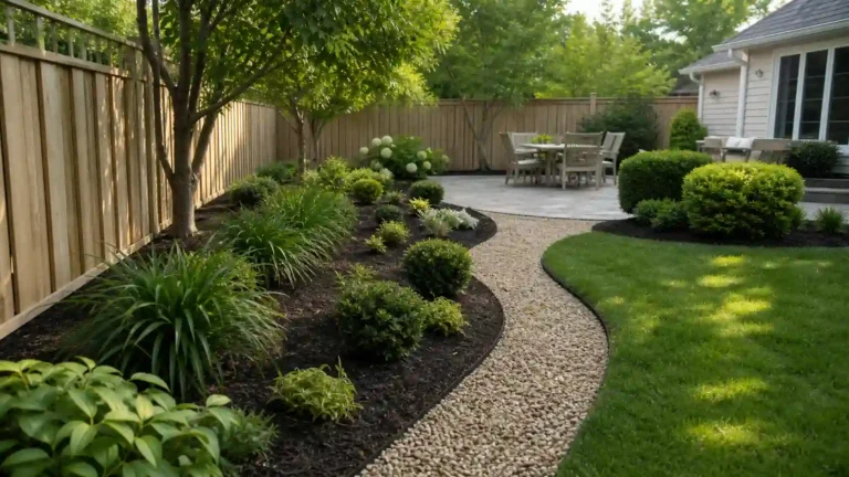 Cheap landscaping ideas with clean curved garden edges, mulched planting beds, shrubs, and a simple gravel path around the lawn.