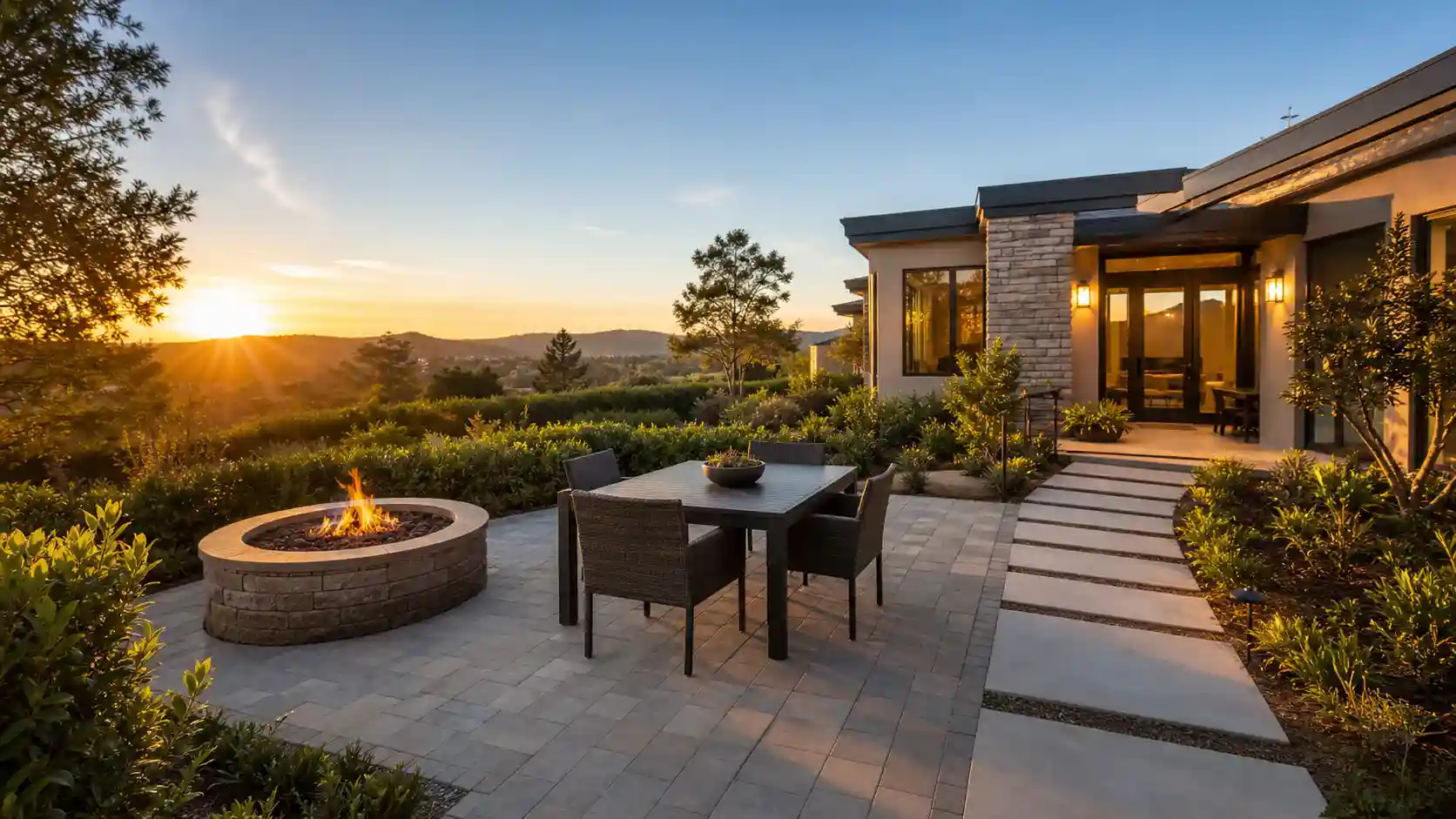 Does hardscaping add value? A paver patio with a fire pit, dining table, and stepping-stone walkway beside a modern home at sunset