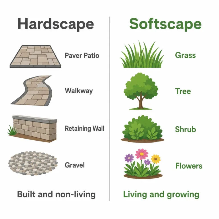 Infographic of hardscape vs landscape differences: paver patio, walkway, retaining wall, and gravel beside grass, tree, shrub, and flowers
