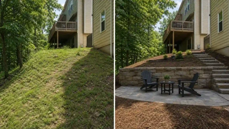 Hardscaping advantages shown in a before and after: a steep grass slope becomes a flat paver patio with a stone retaining wall and steps