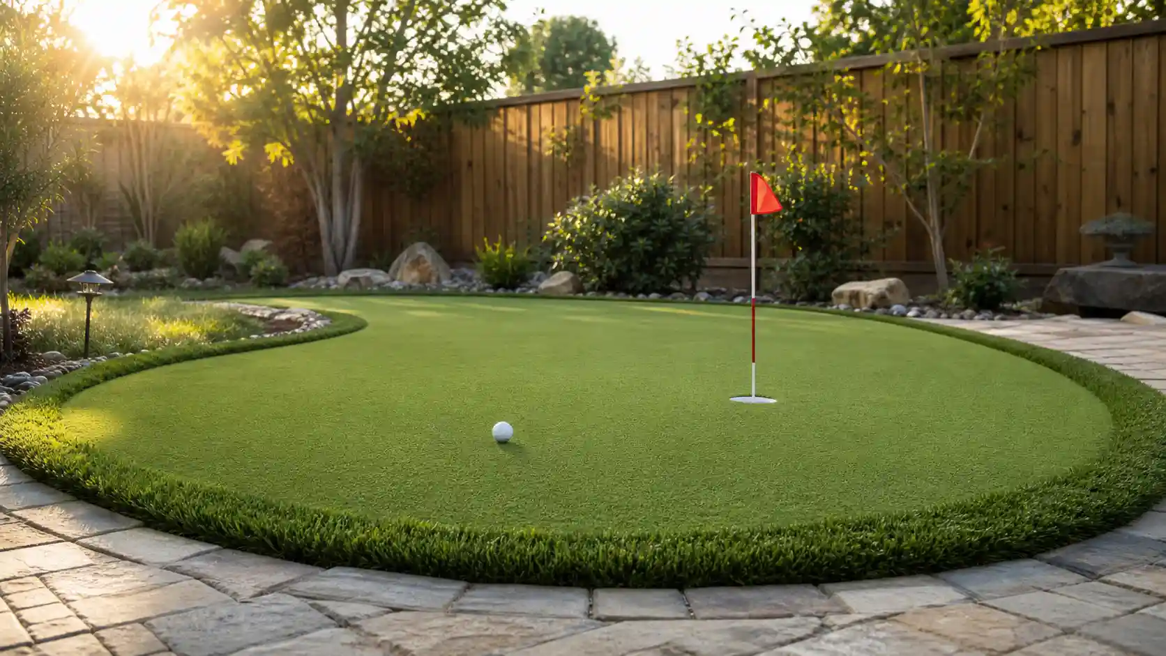 How to build a backyard putting green: finished oval artificial turf green with a cup, red flagstick and golf ball, edged with stone pavers.