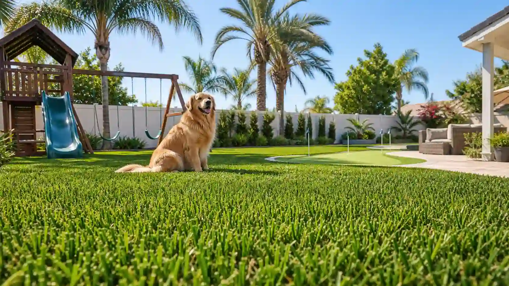 How to choose the right artificial grass: a green backyard lawn with a golden retriever, swing set, slide, and putting green