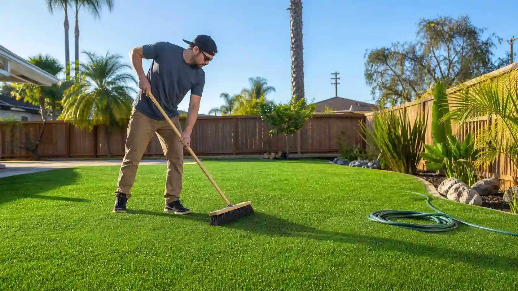 Homeowner brushing a green lawn with a push broom, showing how to clean artificial turf in a sunny backyard with a garden hose nearby