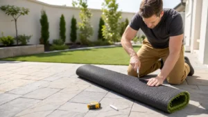 Man kneeling on a paver patio showing how to cut artificial grass with a sharp utility knife along the black backing of a turf roll