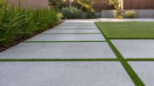 Large concrete pavers with thin artificial grass strips in each gap, showing how to install artificial grass between pavers in a backyard walkway