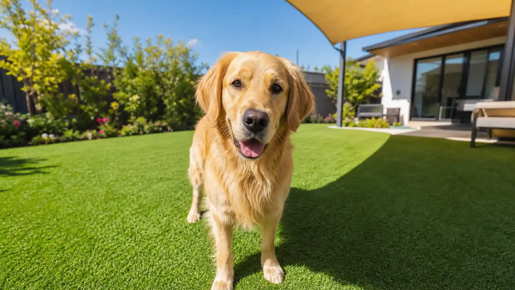 Is artificial grass too hot for dogs? A golden retriever stands on turf in direct sun next to a shade sail in a backyard.