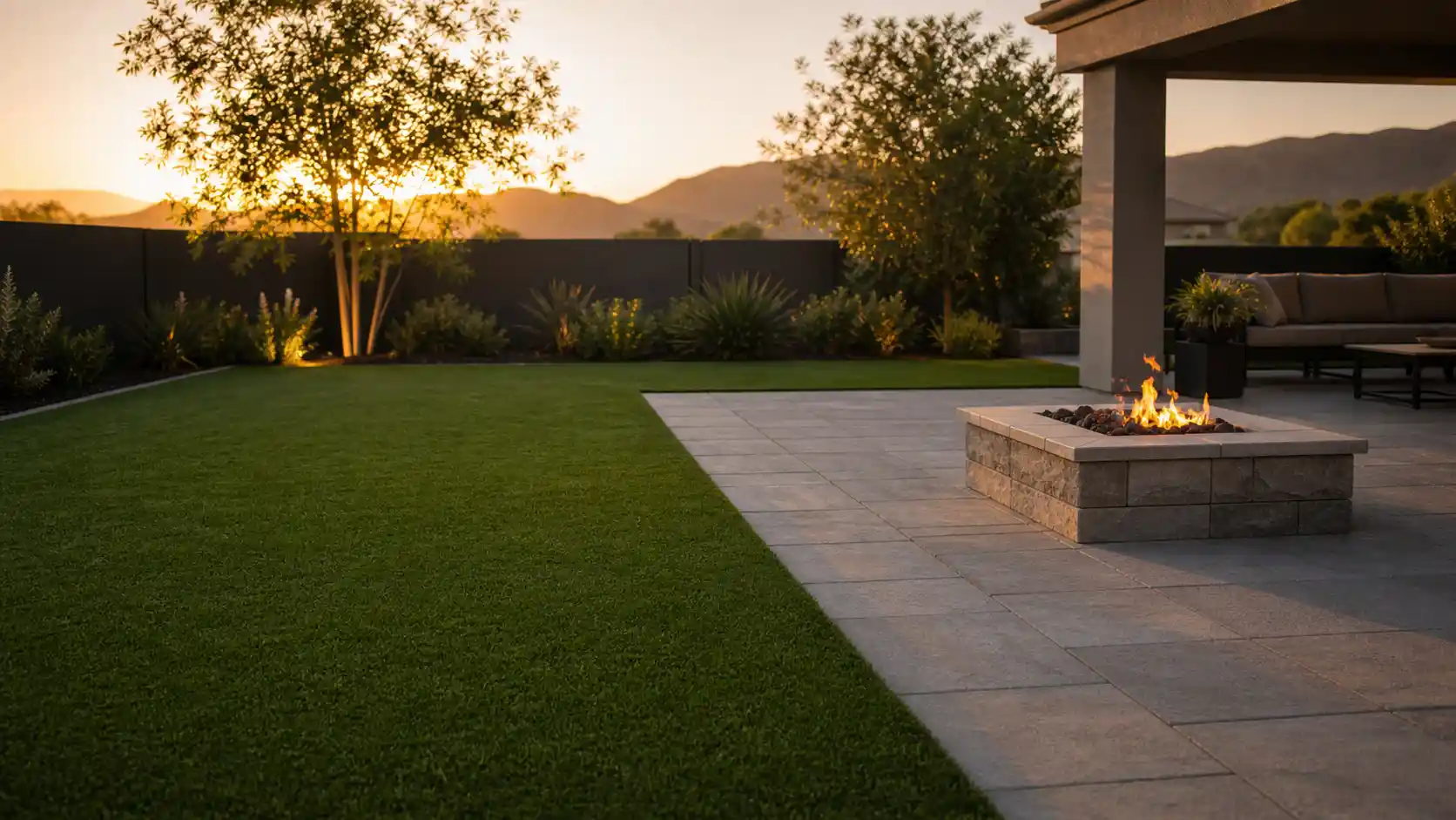 Is artificial turf flammable? A green turf lawn beside a paver patio with a lit stone fire pit placed safely on the hard surface at sunset