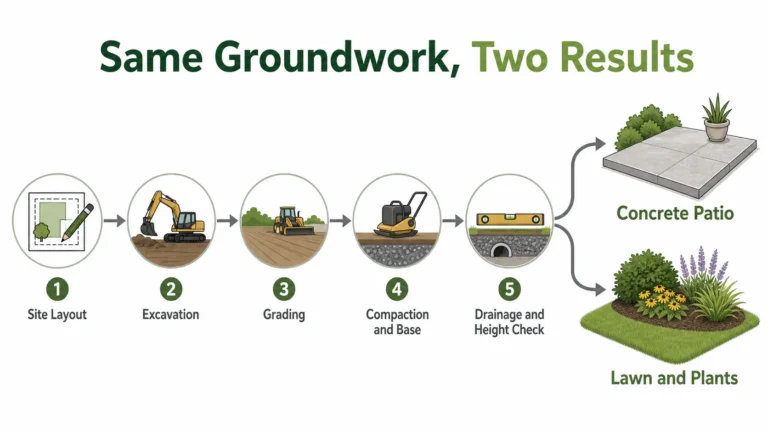 Infographic of five shared groundwork steps before concrete work or planting: layout, excavation, grading, compaction and base, drainage check.