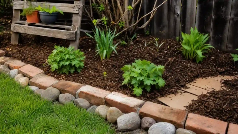 Landscaping on a budget with reused bricks and natural stones creating a simple garden border around a mulched planting bed.
