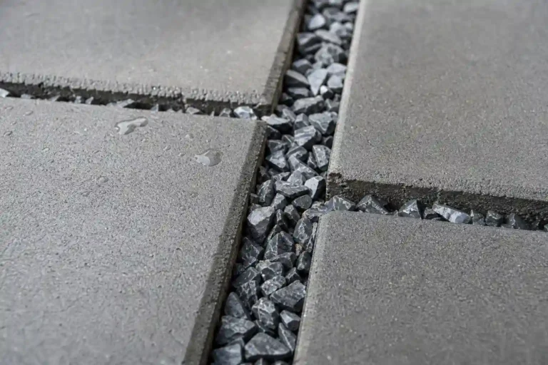 Close-up of permeable concrete pavers with a wide open joint filled with clean angular crushed stone and water droplets on the surface