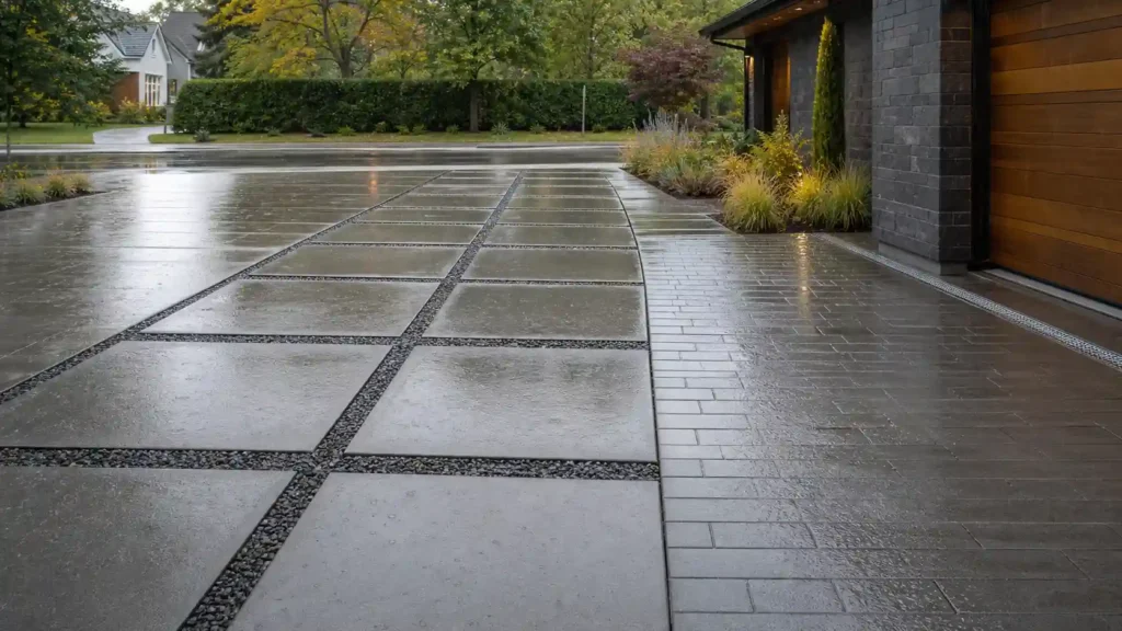 Permeable vs impermeable pavers on a wet driveway: wide stone-filled joints on the left, tight joints and a drain by the garage on the right