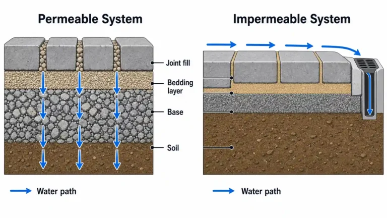 Impermeable vs permeable pavers diagram: water soaks through joints and a stone base into soil, or runs across the surface to a drain