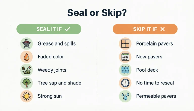 Seal pavers or not infographic: seal if you have grease, faded color, weeds, shade, or sun; skip for porcelain, new, pool, or permeable pavers