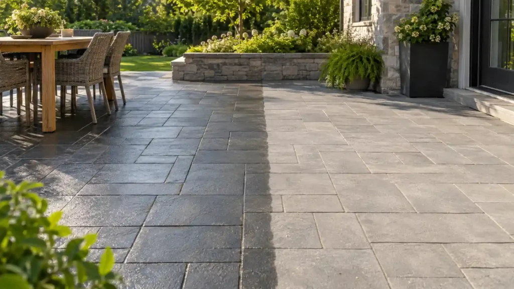 Should I seal landscape pavers? Backyard patio with sealed dark pavers on the left, bare gray pavers on the right, and a dining set