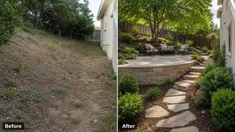 Before and after of a sloped side yard showing the benefits of landscaping, with a retaining wall, stone steps, patio seating, and shrubs.