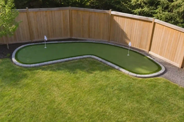 Small backyard putting green ideas: an L-shaped putting green in a fenced corner with two cups, a paver border and open lawn beside it