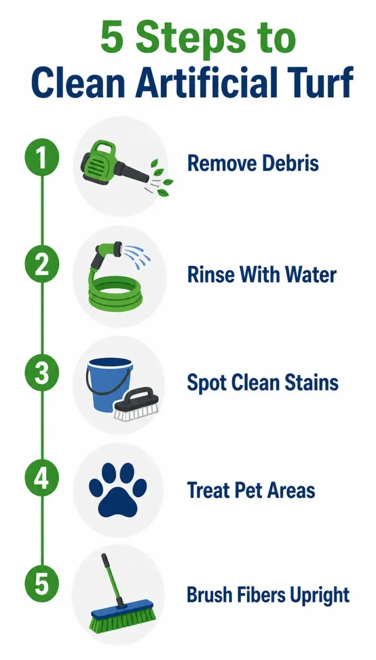 Infographic of the five steps for synthetic turf cleaning: remove debris, rinse with water, spot clean stains, treat pet areas, brush fibers upright