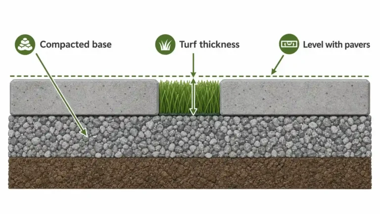 Cross-section of turf between pavers showing a compacted gravel base over soil, with the grass strip sitting level with the concrete paver surface