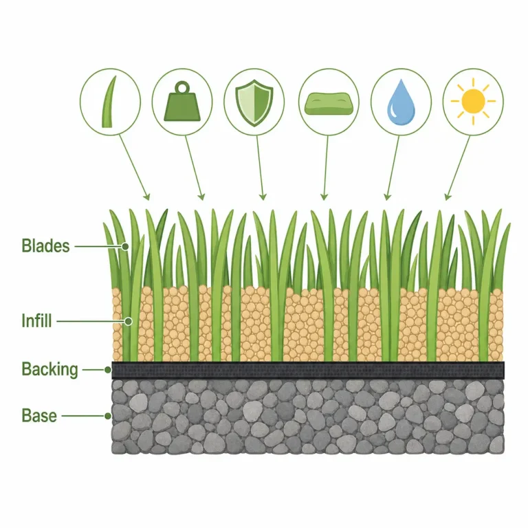 Cross-section diagram of artificial turf infill between grass blades, with six icons for support, weight, protection, cushion, drainage, and heat