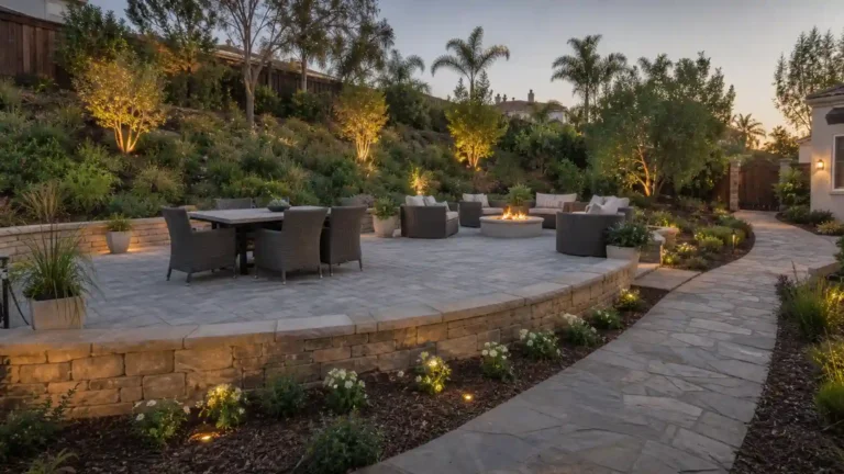 Hardscape yard with a terraced paver patio, dining area, fire pit seating area, retaining wall, and curved stone walkway at dusk