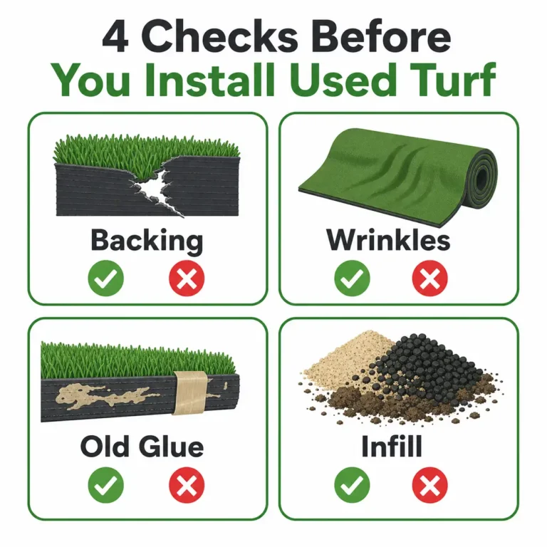 Checklist graphic of four checks for used synthetic turf: backing, wrinkles, old glue, and infill, each with a green check and red X.