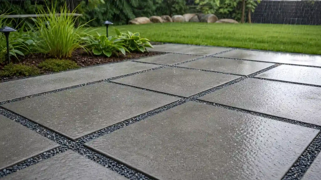 What are permeable pavers? Gray concrete pavers with open stone-filled joints on a rainy backyard patio beside a lawn and garden