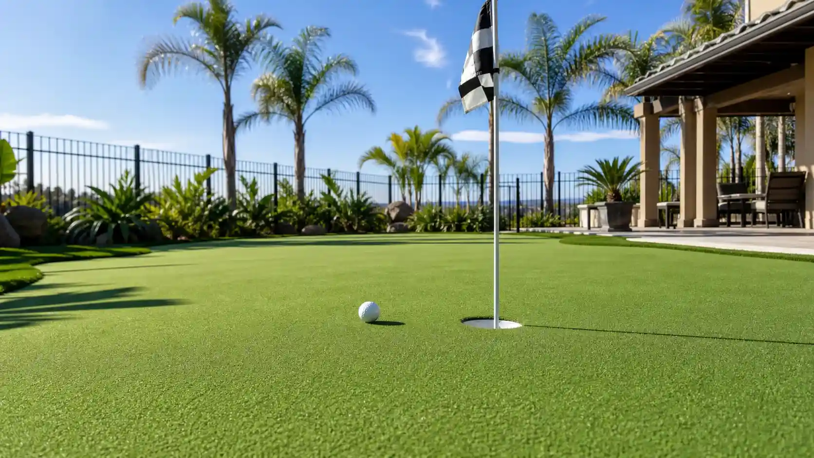 What base does a backyard putting green need? A smooth artificial putting green with a golf ball and flag in a San Diego backyard