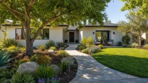 What is the importance of landscaping? A front yard with a shade tree, stone walkway, native plants, boulders, and a green lawn.