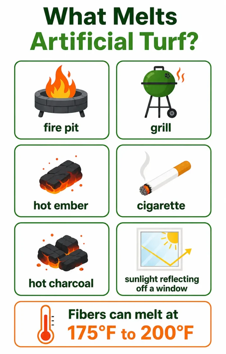 Infographic of six heat sources that melt turf. No fireproof artificial grass exists, since fibers can melt at 175°F to 200°F.