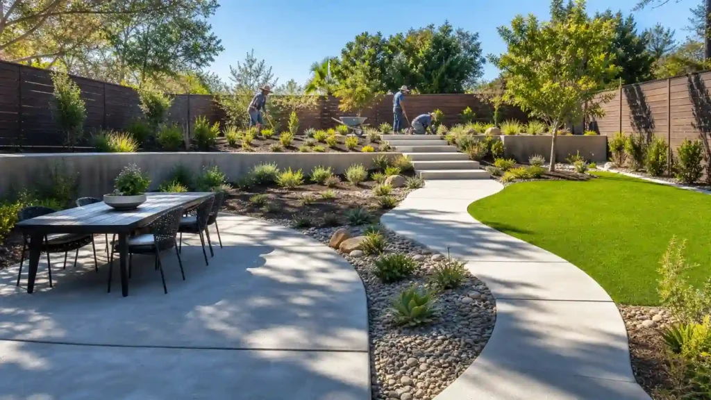 Why do so many landscaping services also do concrete work? Backyard with concrete patio, curved walkway, steps, and a crew planting.