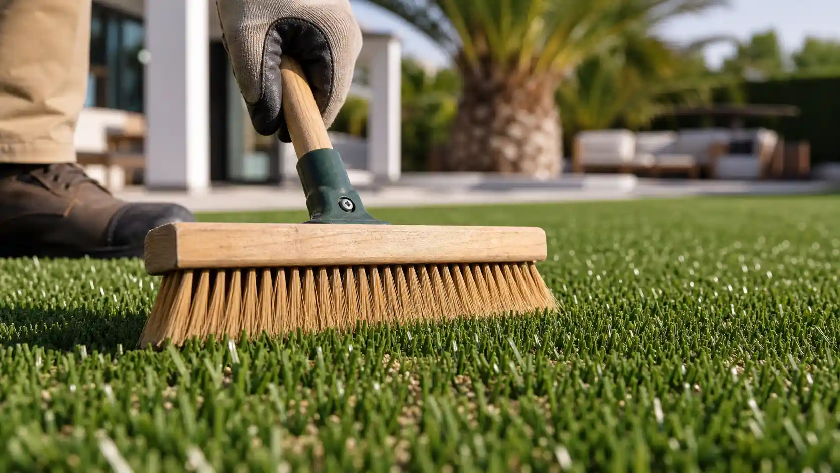 Gloved hand brushing artificial grass to show why turf infill is important, with tan infill granules between upright green blades